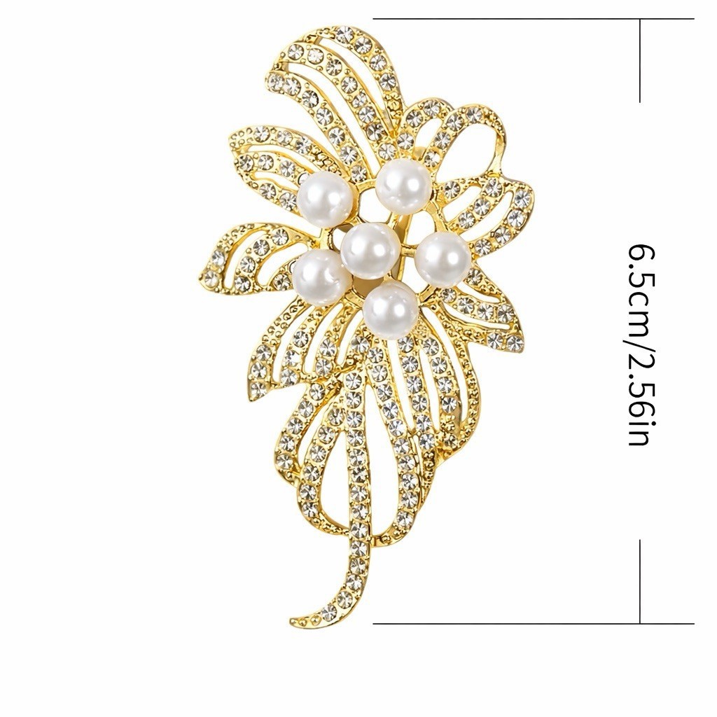 Gold Tone Rhinestone & Pearl Flower Brooch Pin 2.56in Elegant Statement Jewelry