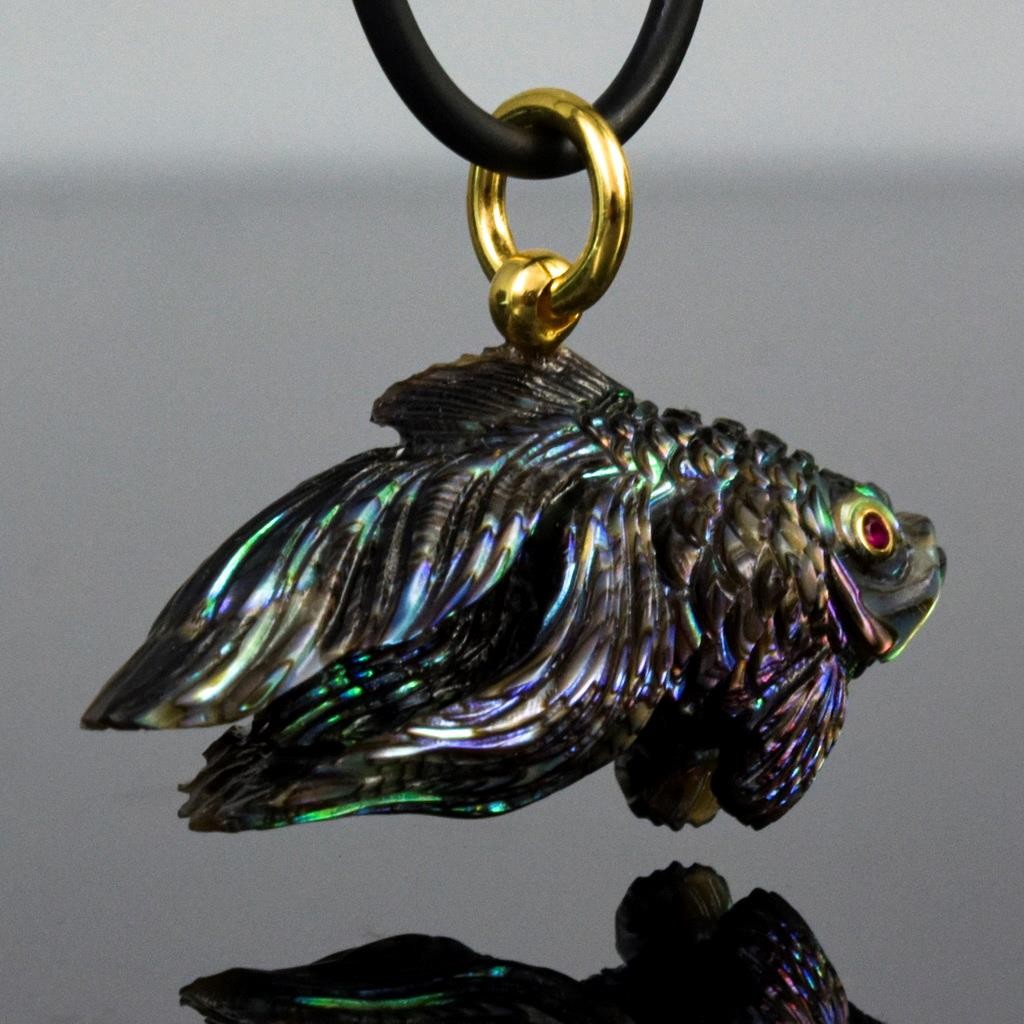 Gold Fish Pendant Carved Abalone Shell Gold Vermeil Sterling Silver Ruby 9.71g