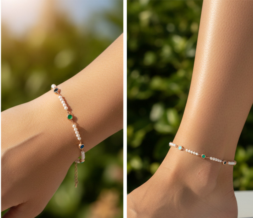 Elegant Rose Gold Plated Beaded Bracelet Pearl & Multi-Color Gemstone Station
