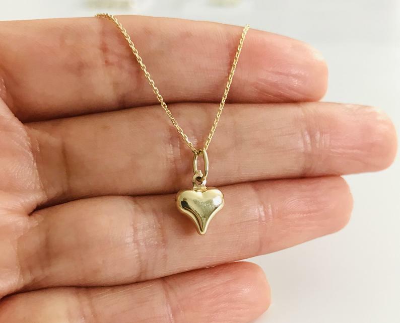 14K Real Gold 3D Heart 0.55″ Pendant, 14k Solid Gold 0.8mm Cable Chain- 14KC2905