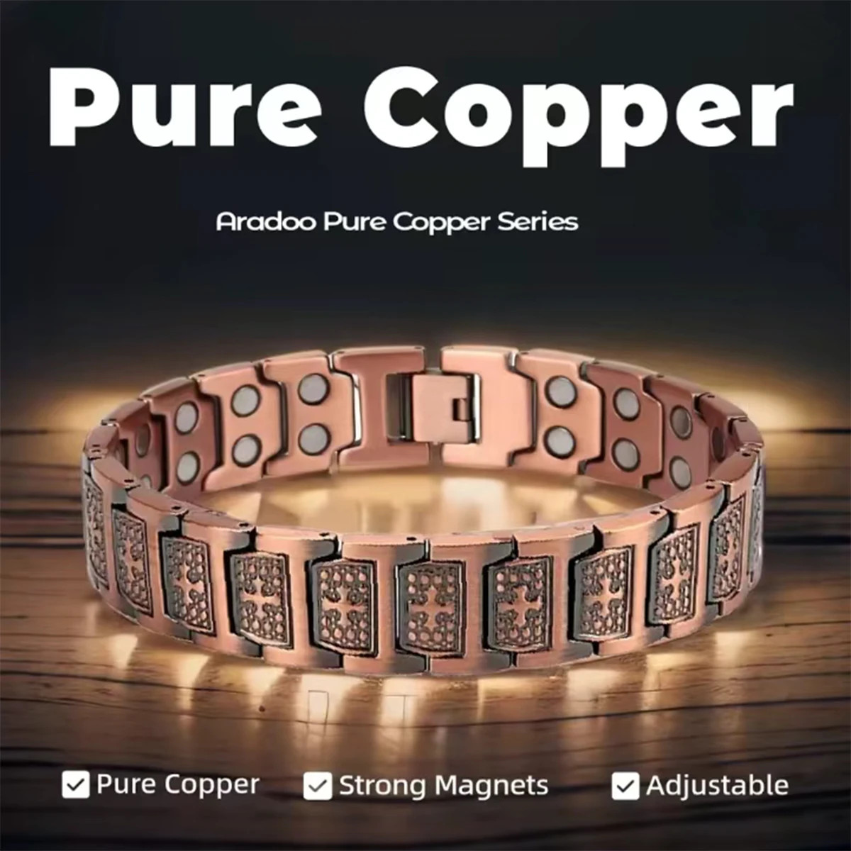 Men’s Copper Magnetic Bracelet 21cm Cross Wheel Texture Retro Cross Jewelry