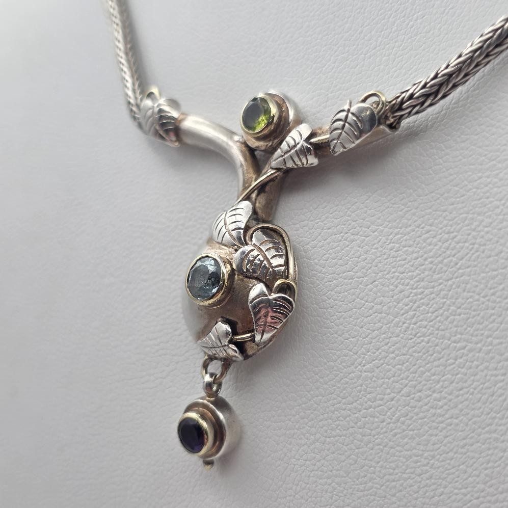 925 Sterling Silver & Gold Accent Multi-Gemstone Leaf & Vine Toggle Necklace