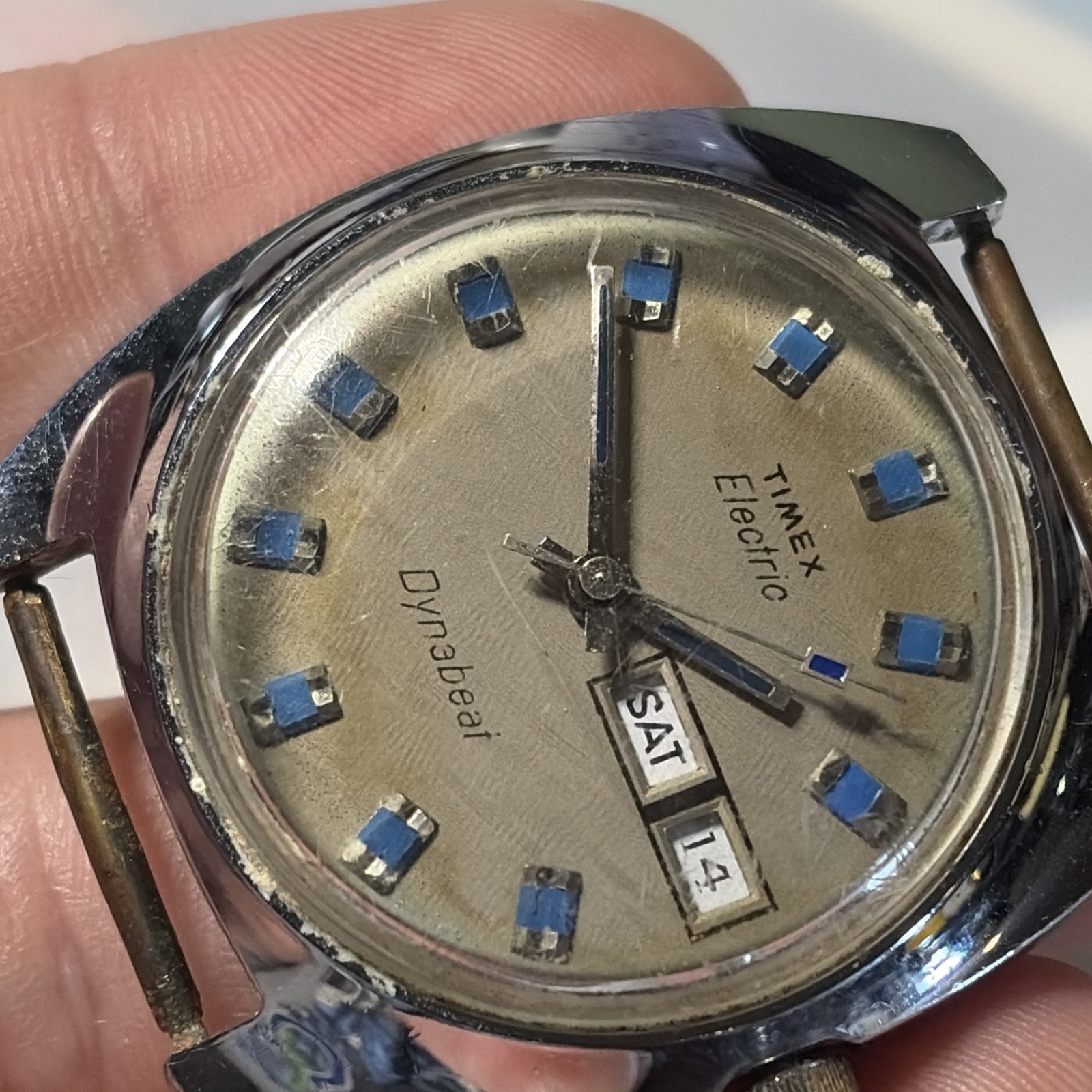 Vintage Men’s TIMEX Electric Dynabeat Day/Date, Blue Indices For Parts/Repair
