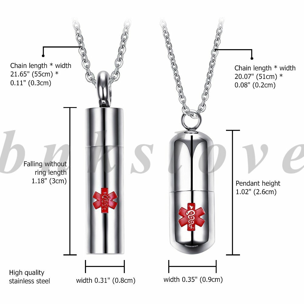 2pcs Stainless Steel Capsule Medical ID Pendant Locket Necklace for Men Women