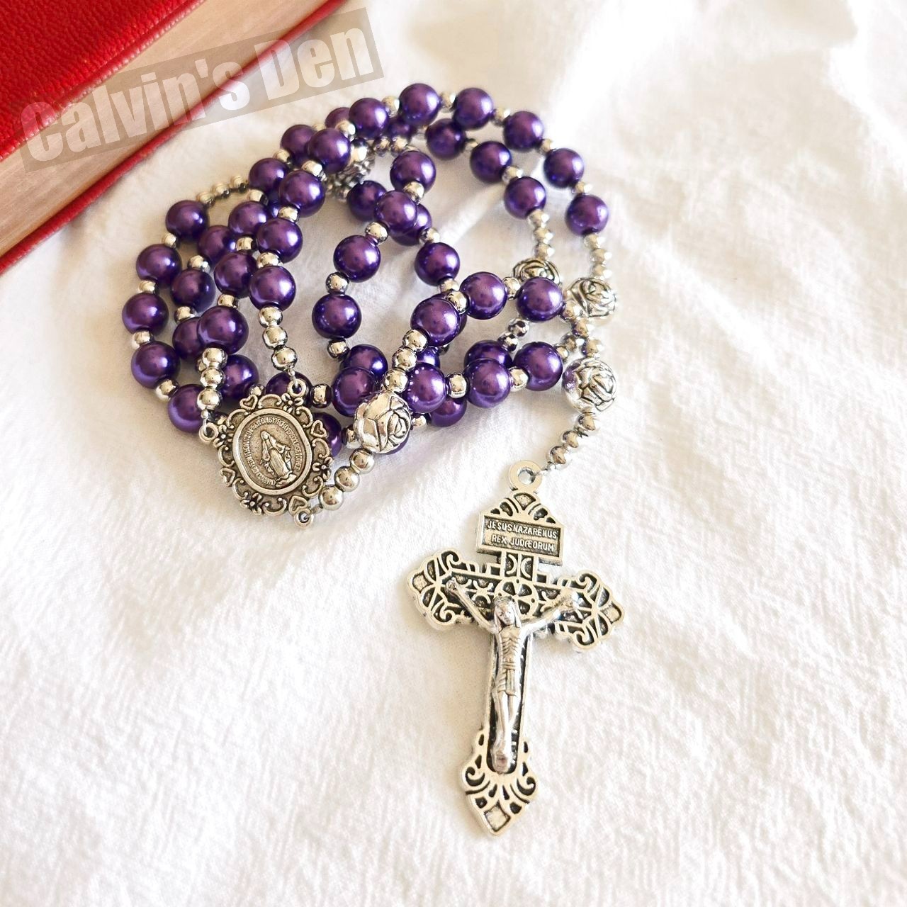 Purple Pearl Bead Rosary Necklace Miraculous Medal Rosebud Crucifix Cross Gift