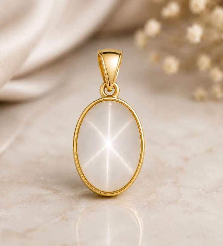Gold Natural 6 Rays Star White Sapphire Necklace 925Silver Star Sapphire Pendant