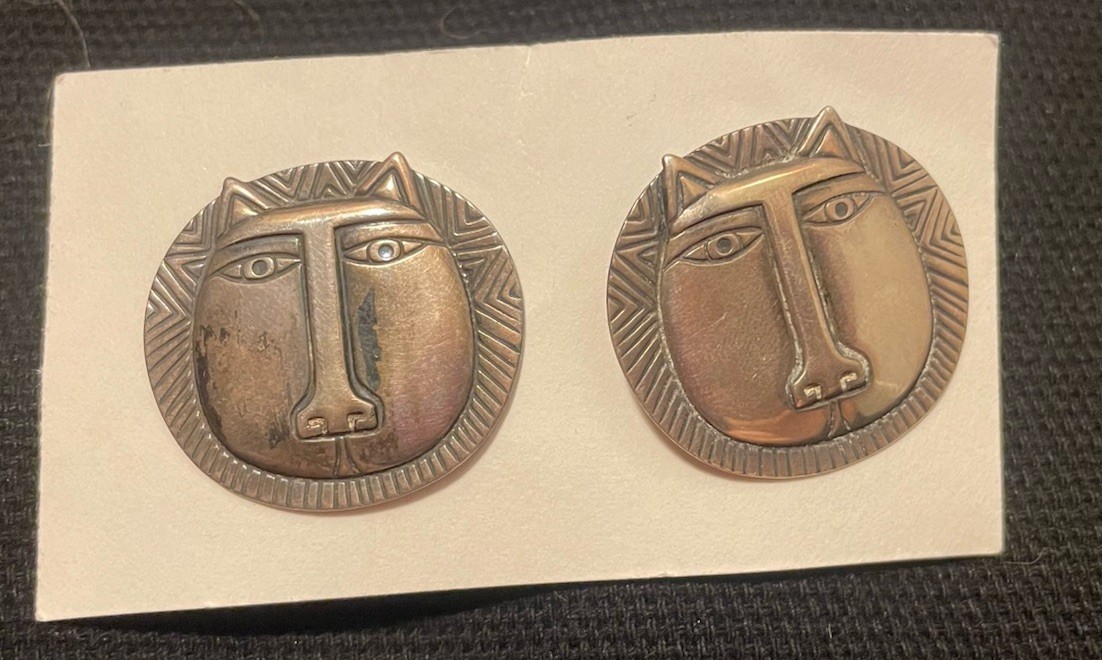 Vintage Big Cat Lion Face Earrings Silver Tone/Sterling Stud Jewelry