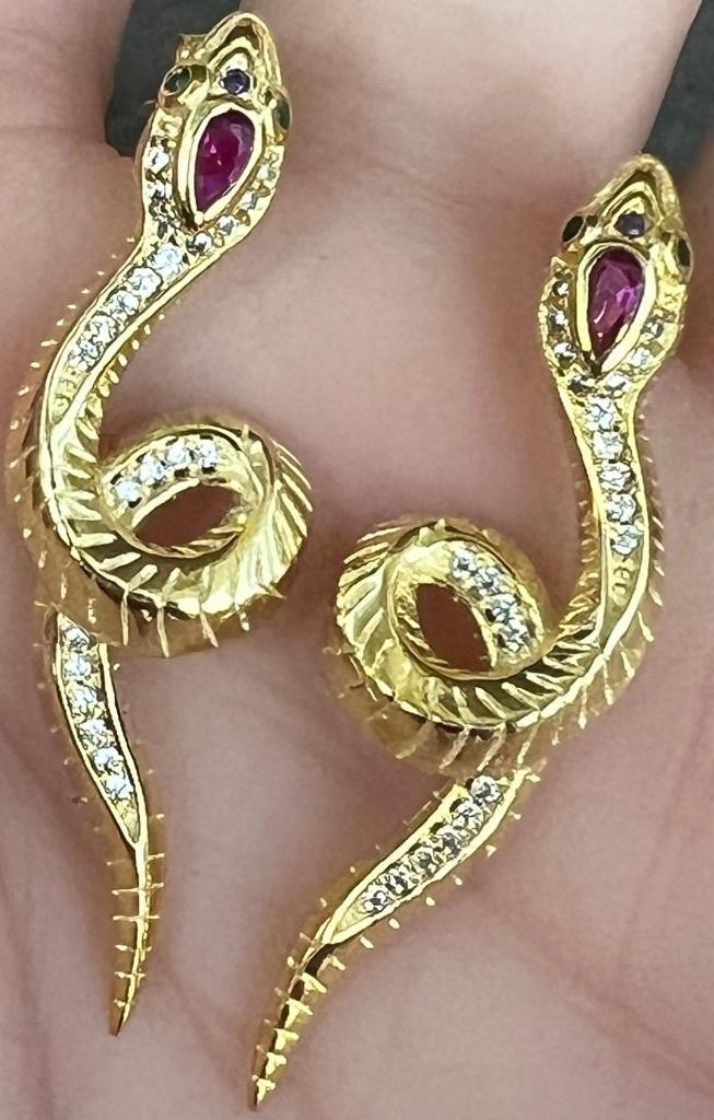 REAL Diamond Ruby Snake Earrings 14K Gold on SOLID 925 Victorian Egyptian Rev YG