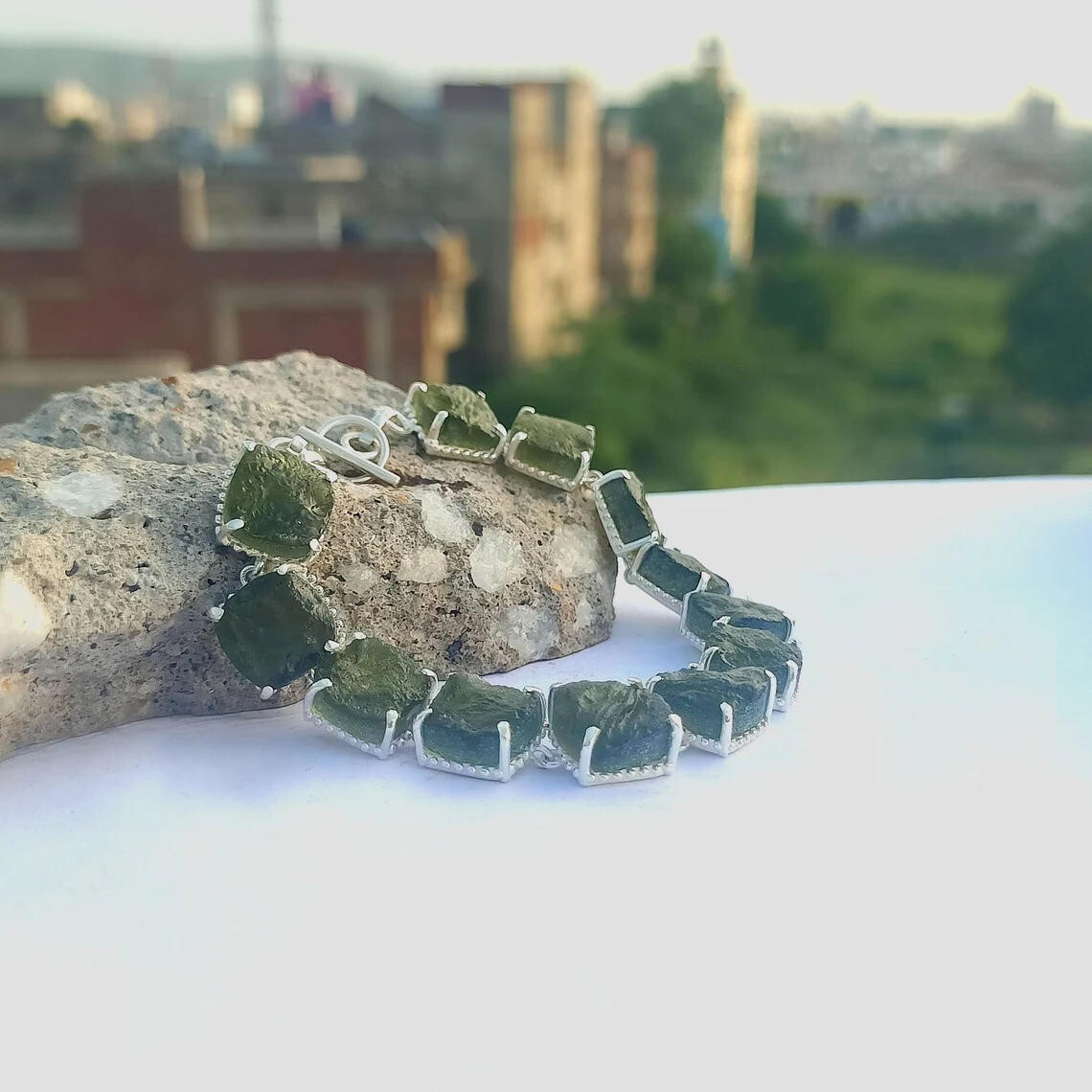 Real Moldavite Bracelet Czech Moldavite Bracelet 925 Sterling Silver Bracelet