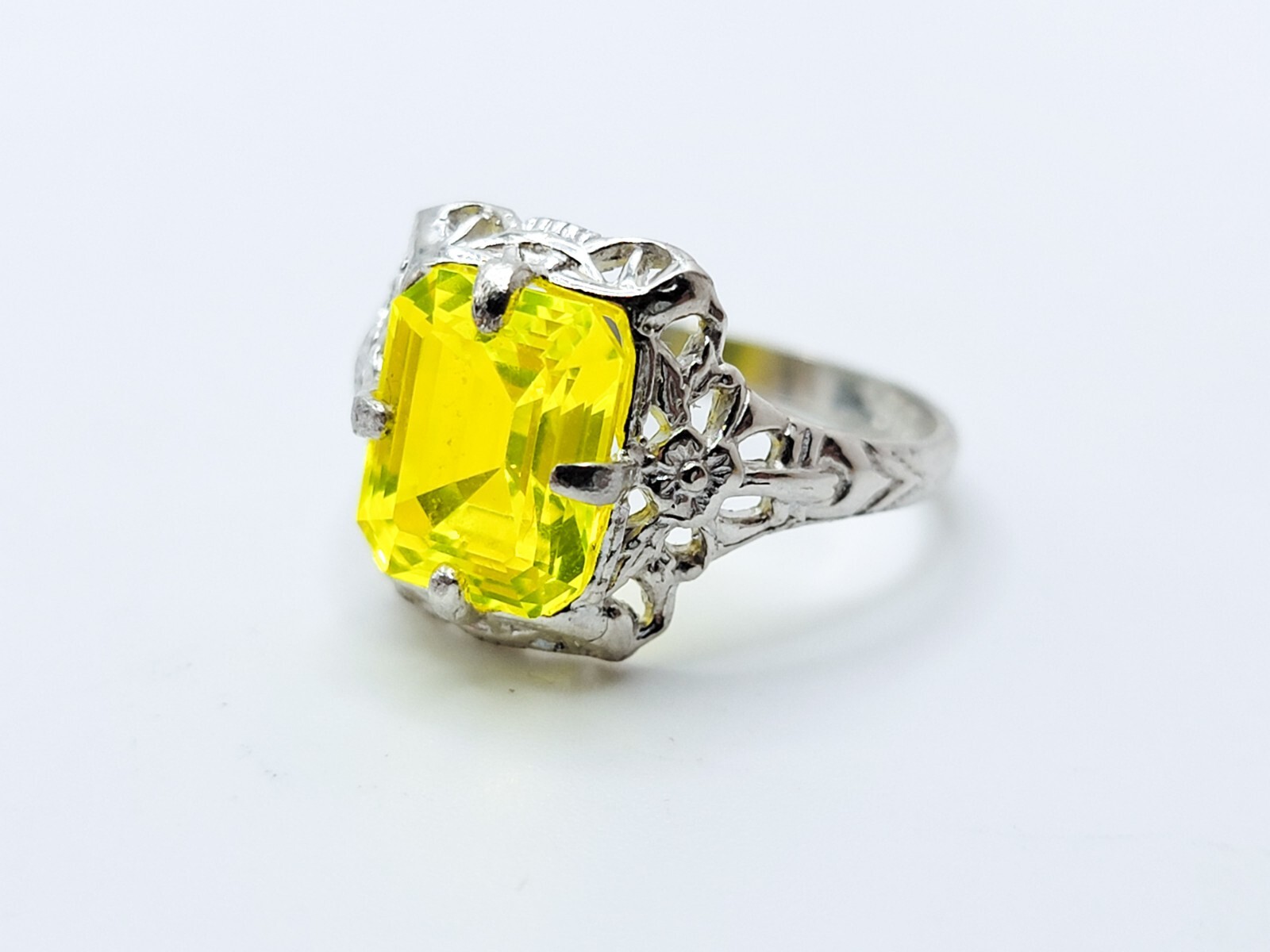 Sterling YAG Ring UV Yellow Yttrium Aluminum Garnet Emerald Cut Floral Filigree