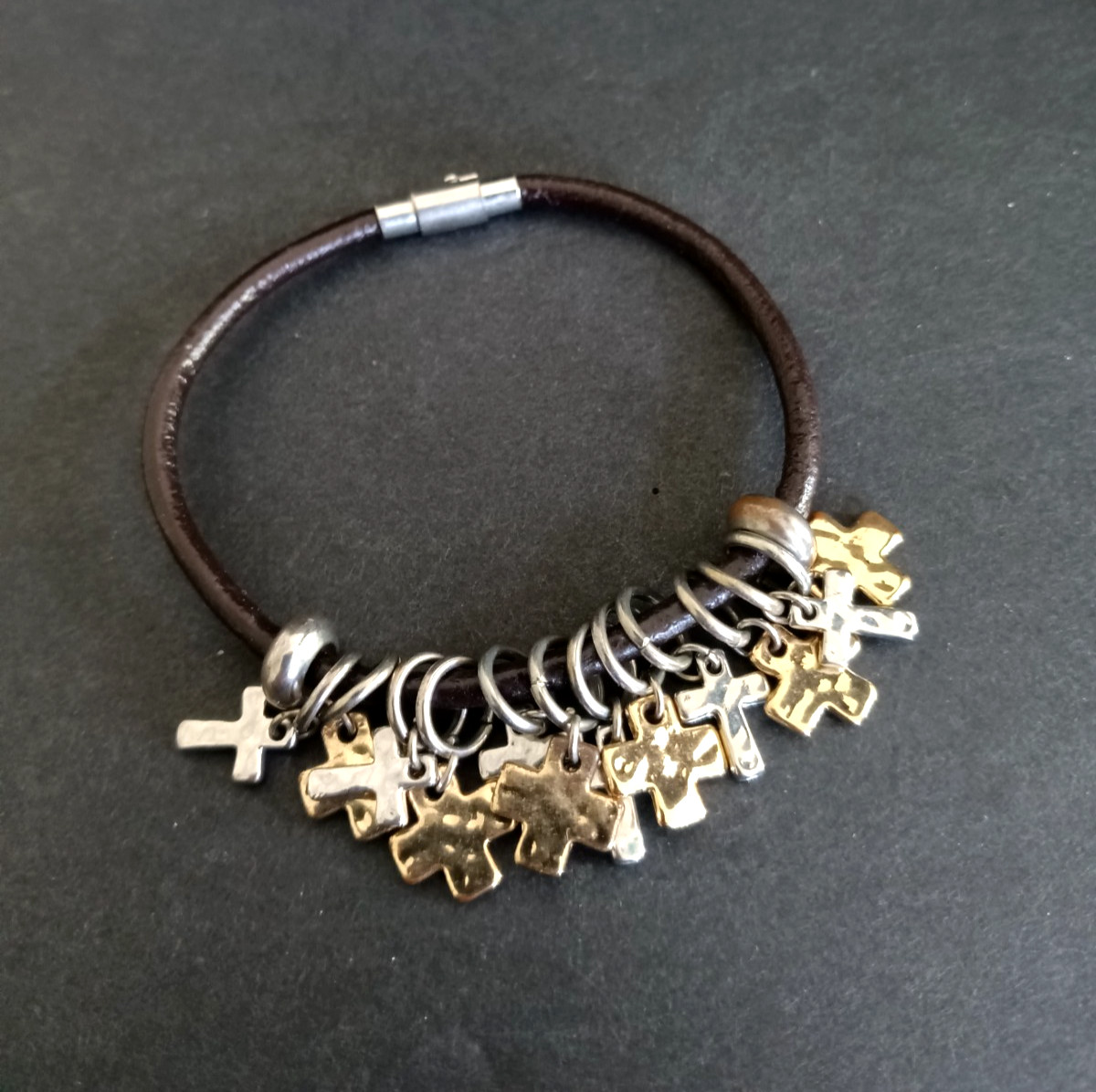 Leather Cord Cross Charm Bracelet Black Silver Gold Tone Faith Boho Spiritual