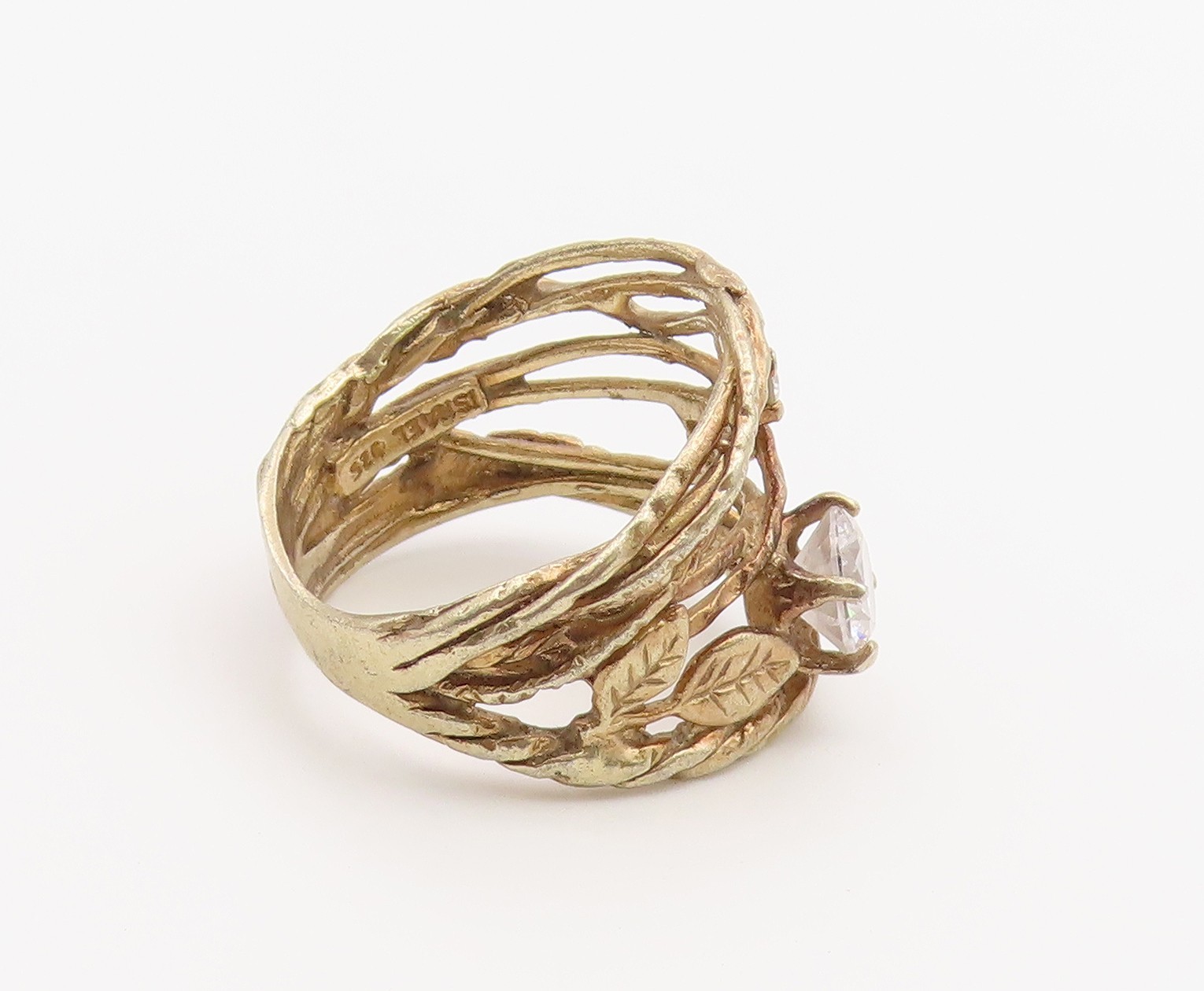 925 Sterling Silver Vintage Ring ISRAEL CZ Vine & Flower Band Sz 7 RG36879