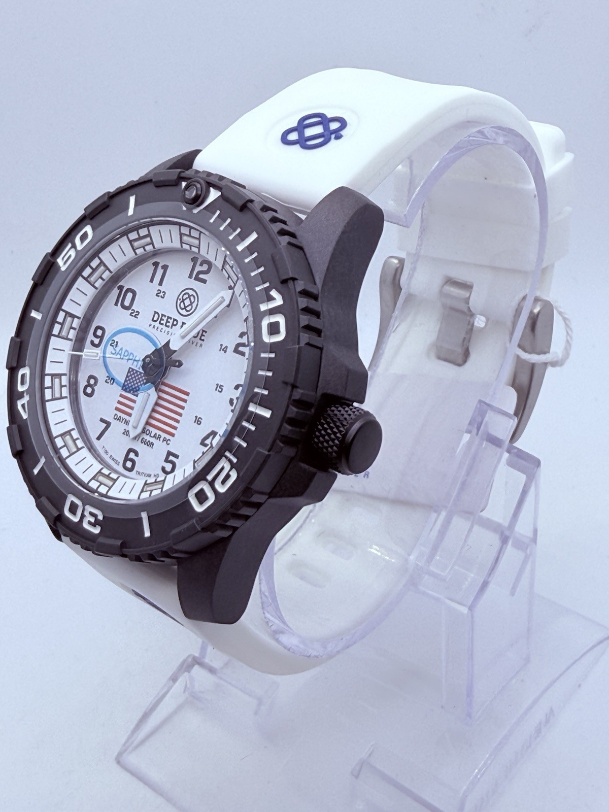 Deep Blue DAYNIGHT 43MM DIVER SOLAR POWERED PC WHITE DIAL USA🇺🇸3 COLOR TUBES‼️