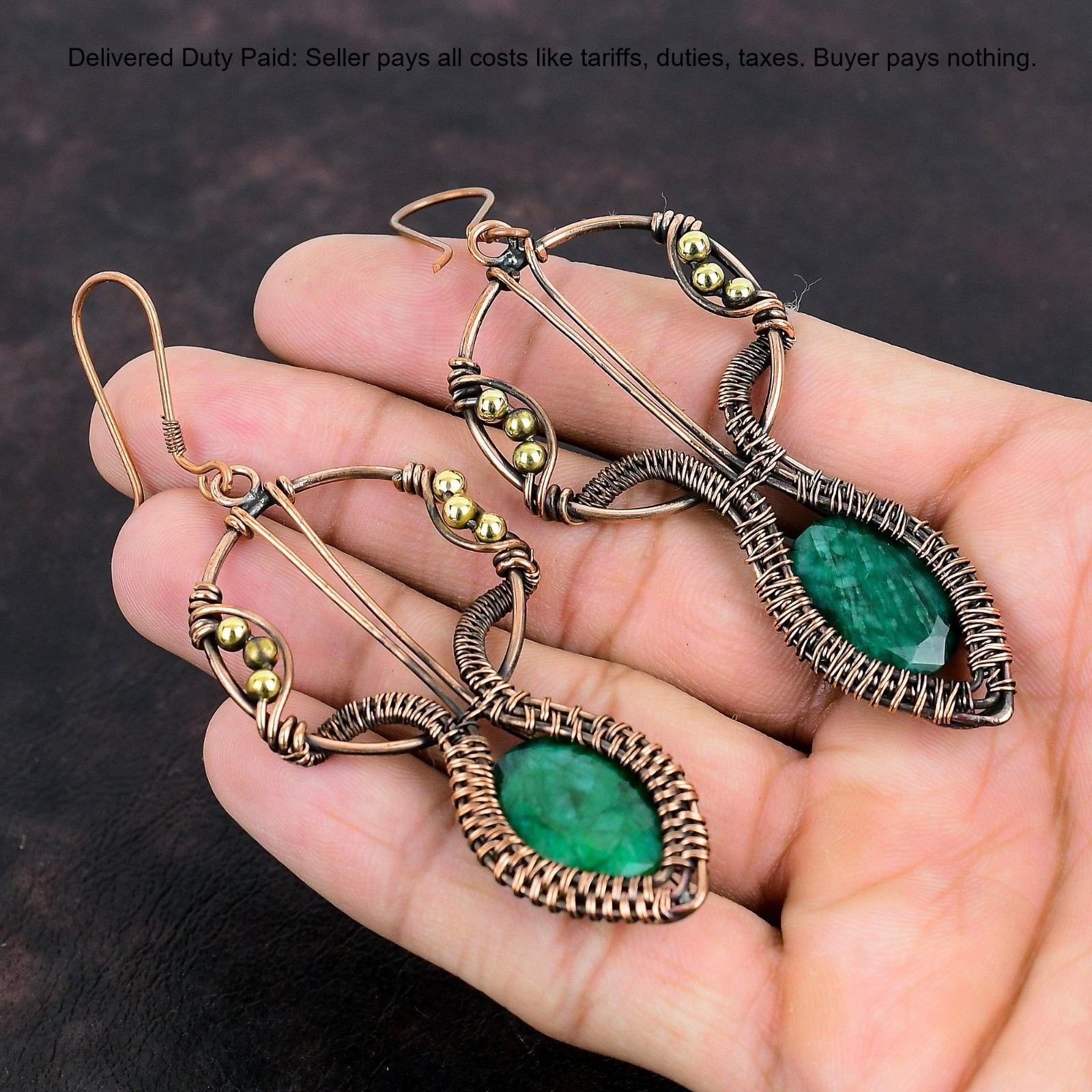 Copper Zambian Emrald Emrald Stone Wire Wrapped Mother Dangle Earrings Jewelry