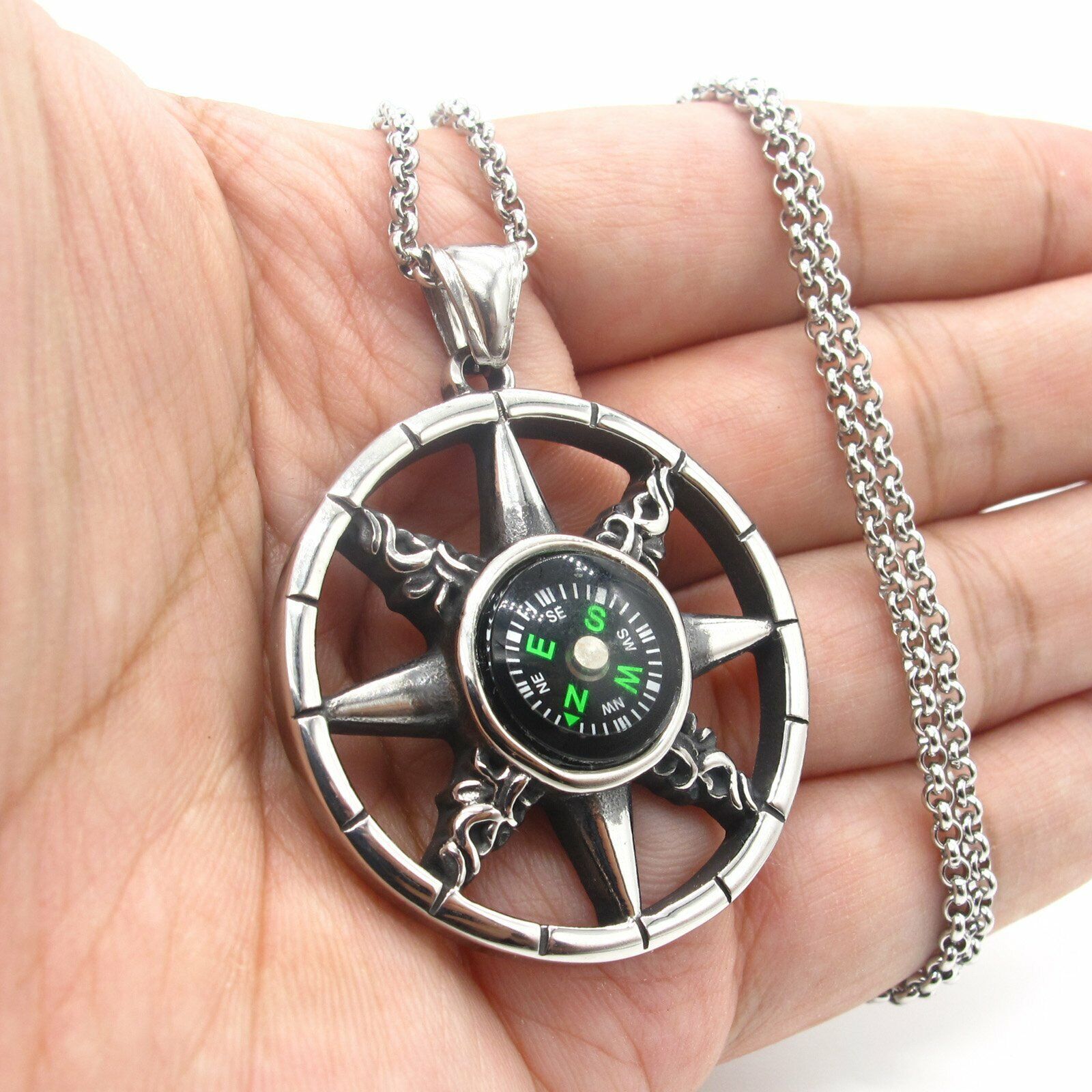 MENDEL Cool Mens Working Nautical Compass Necklace Pendant Stainless Steel Chain