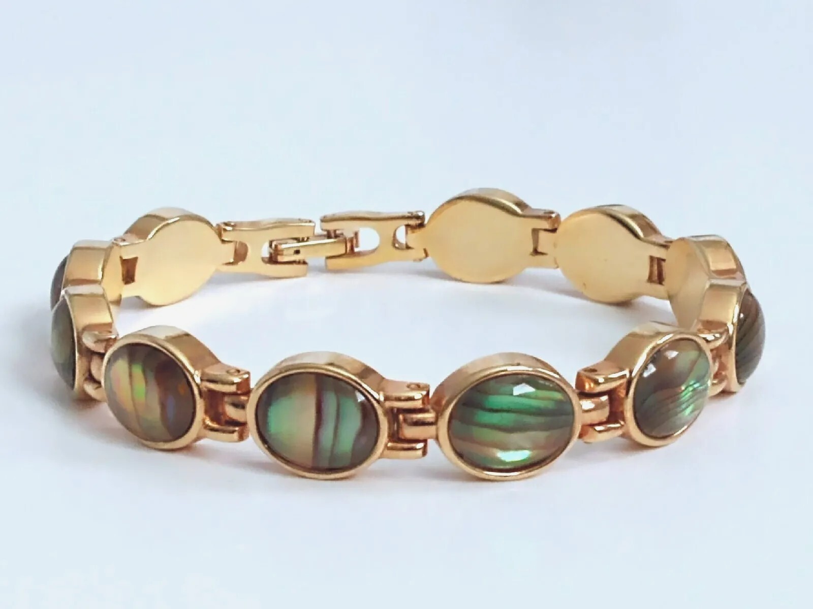 Blue, Green & Brown Opalescent Cabochon Gold Tone Link Bracelet