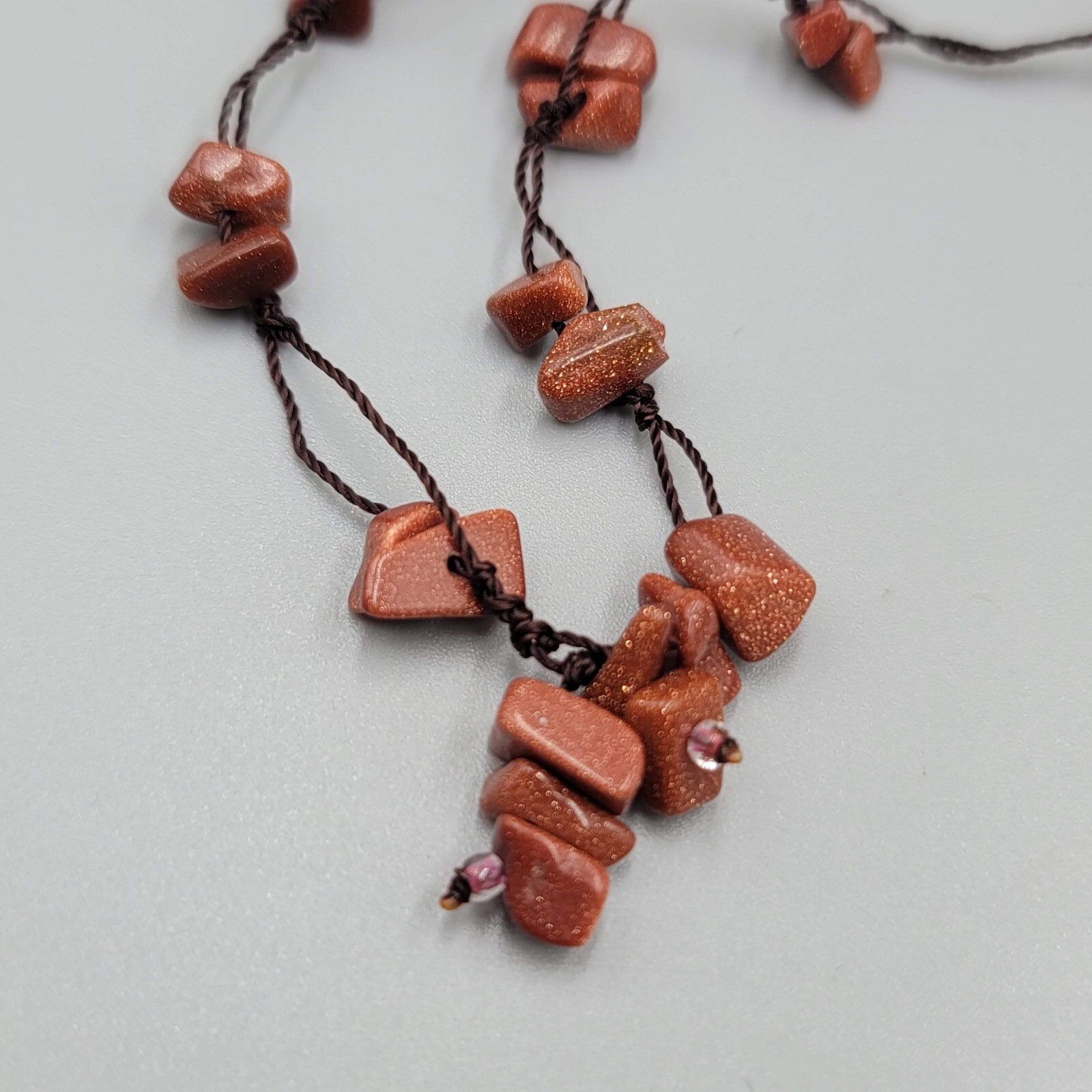 Gold Sandstone Chip Beads Necklace Hand Knotted Cord 18”
