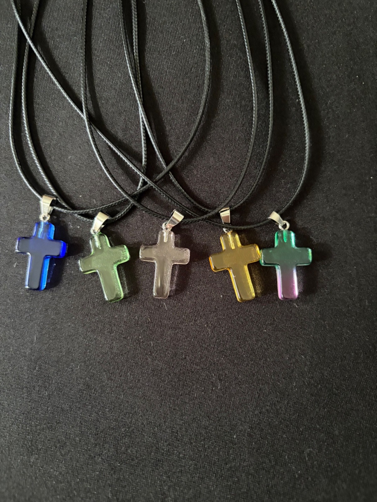 Lot of 5 Glass cross necklaces1” x .75” on 16” waxed cord
