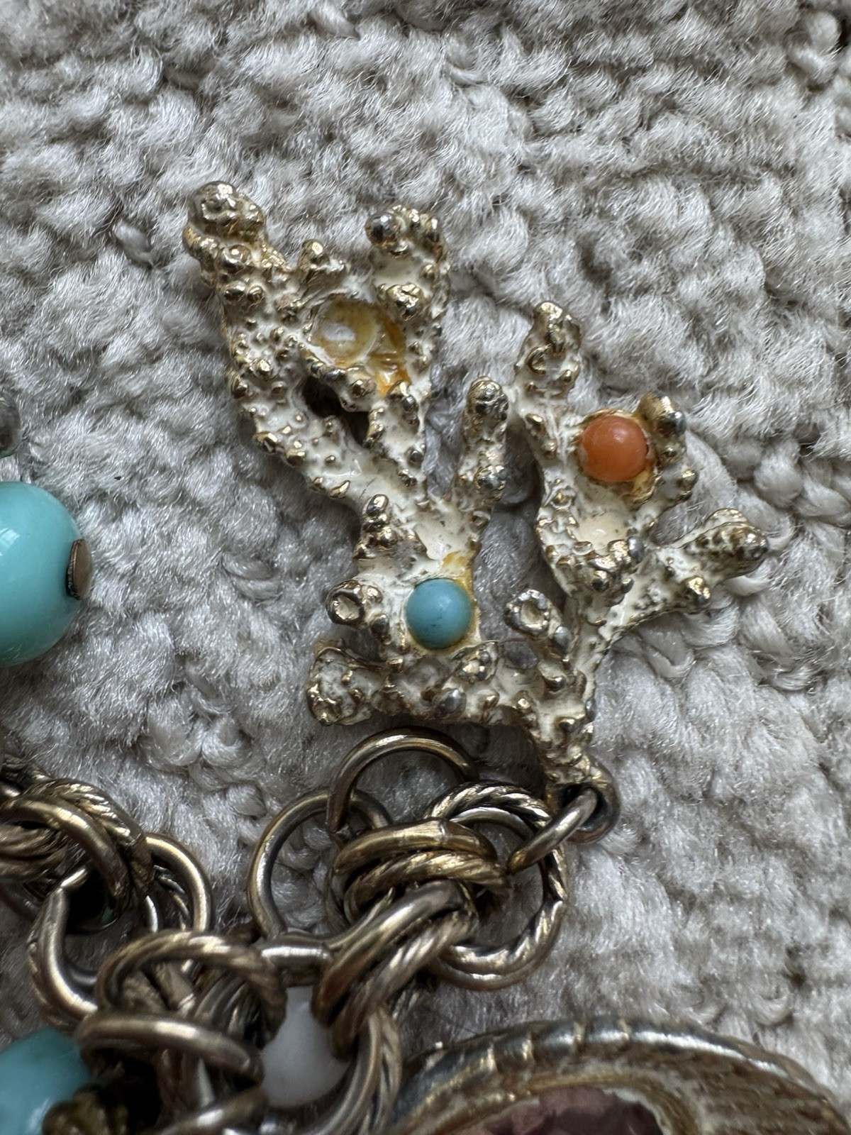Vintage Chunky Sea Shell Charm Bracelet Coral Starfish Shell Nautical Crystal