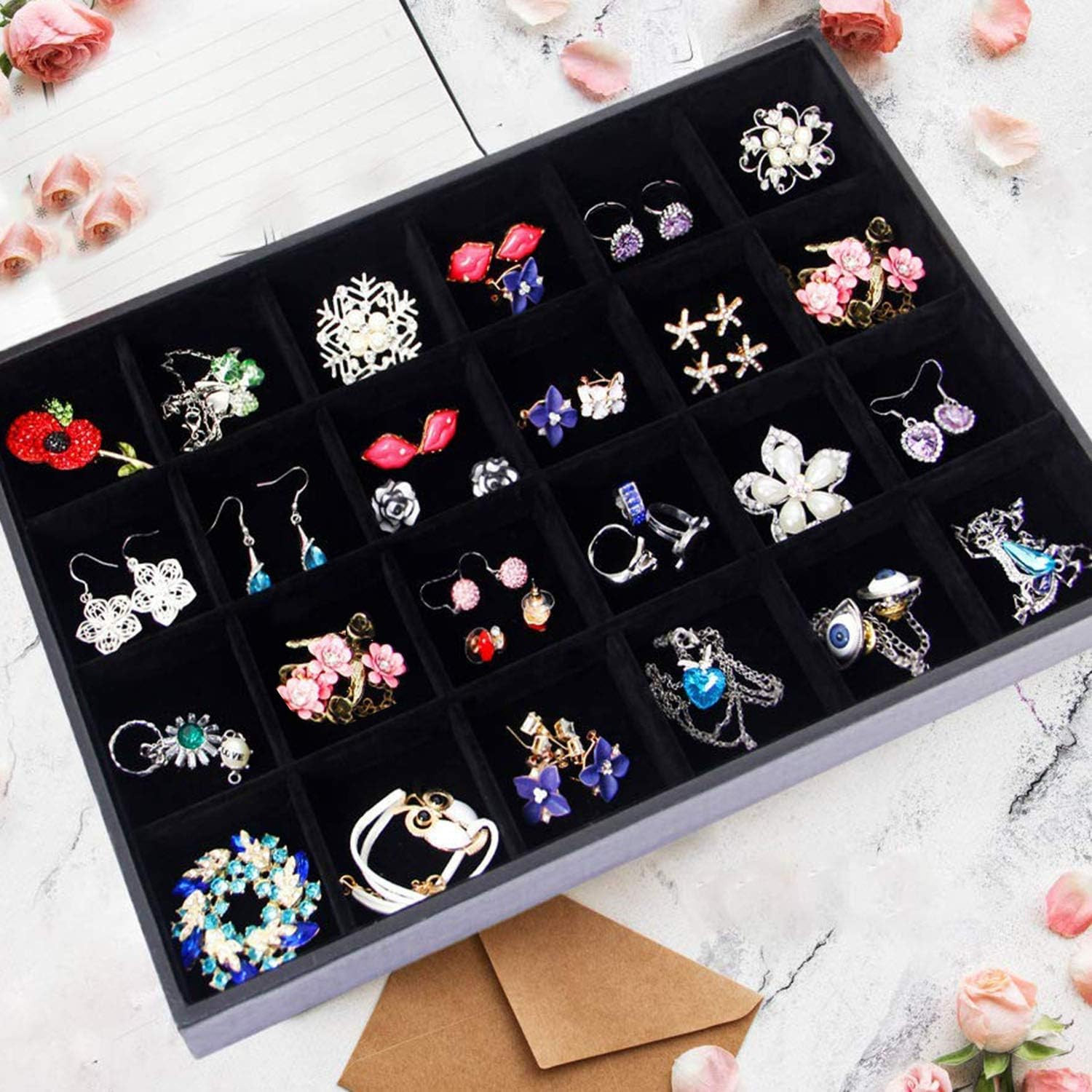 Black Velvet Stackable 24 Grid Jewelry Tray Showcase Display Organizer Holder Di