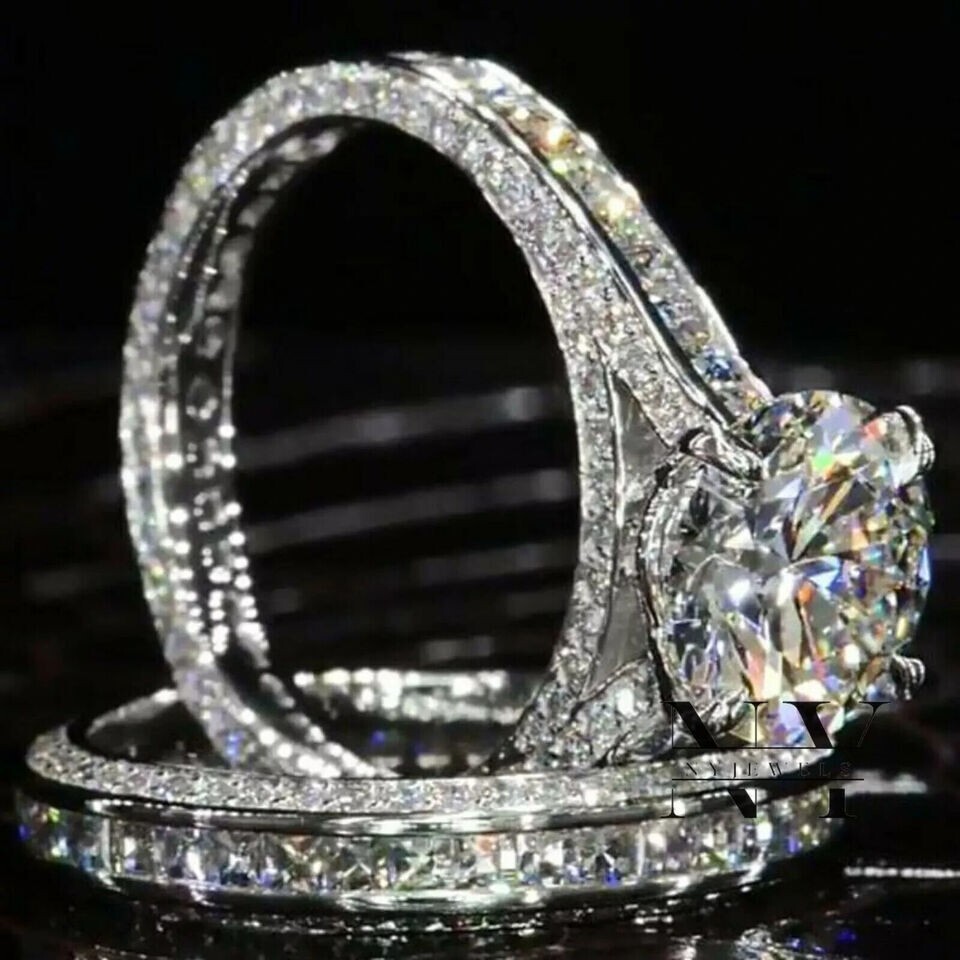3 Ct Round Cut Moissanite Bridal Set Engagement Ring Solid 14K White Gold Plated
