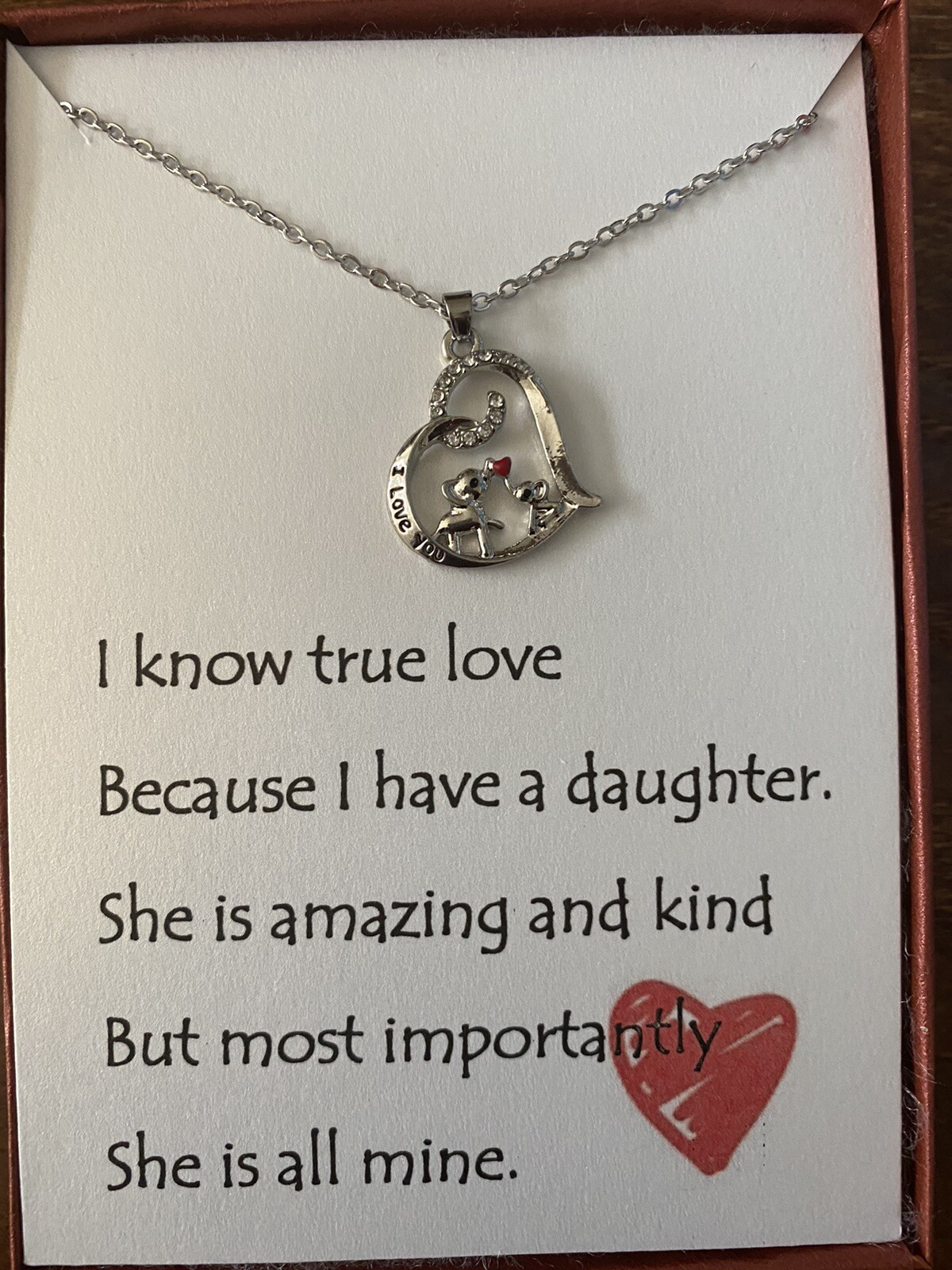 Rhinestone Heart Elephant Pendant necklace w/ love poem for your daughter.
