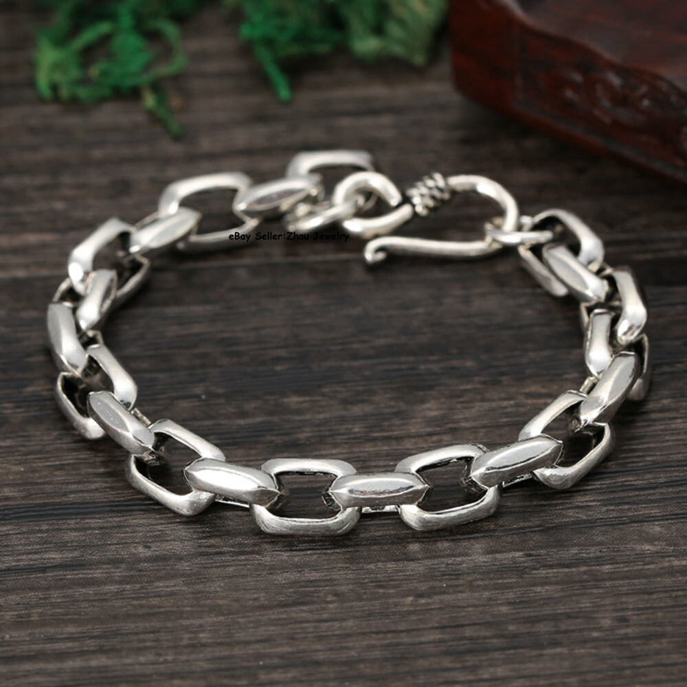 Solid S925 Sterling Silver Chain Unisex 8mm Square O Link Bracelet 7.1-7.9inch L