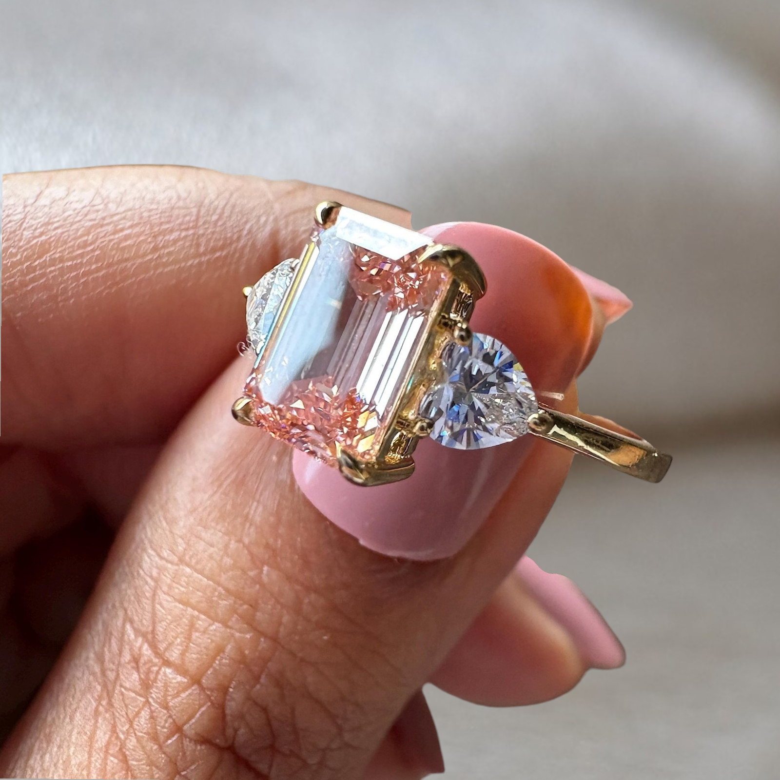 Fancy Intense Pink Diamond Ring Emerald 6.00 Carat IGI Lab Grown 18K Yellow Gold