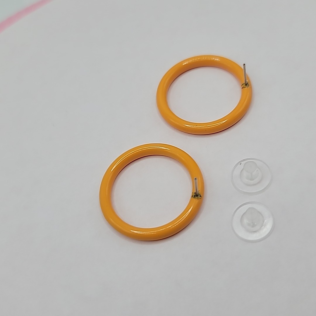 Vtg Mustard Yellow Enamel Round Hoop Pierced Stud Earrings