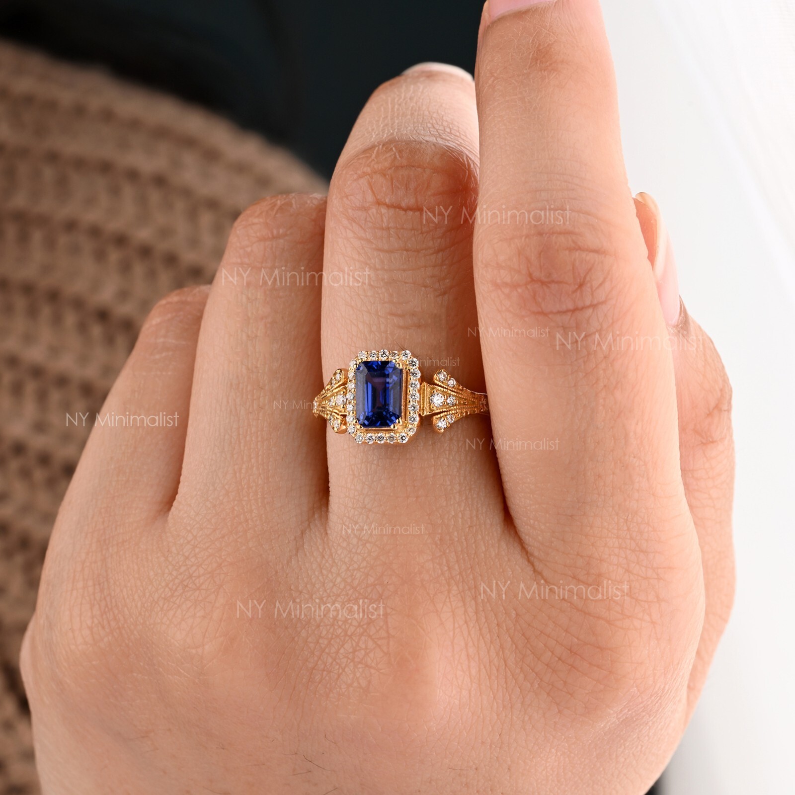 14K Solid Gold Natural Emerald Cut Diffused Blue Sapphire & Diamond Halo Ring