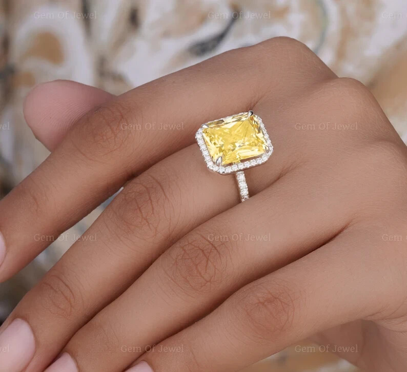 4.38 Ct Natural Yellow Sapphire Diamond Engagement Ring 14k White Gold Size 6