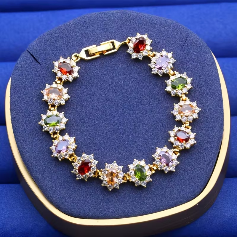 9.00 Ctw Oval Cut Lab-Created Multicolor Halo Bracelet 14K Yellow Gold Plated