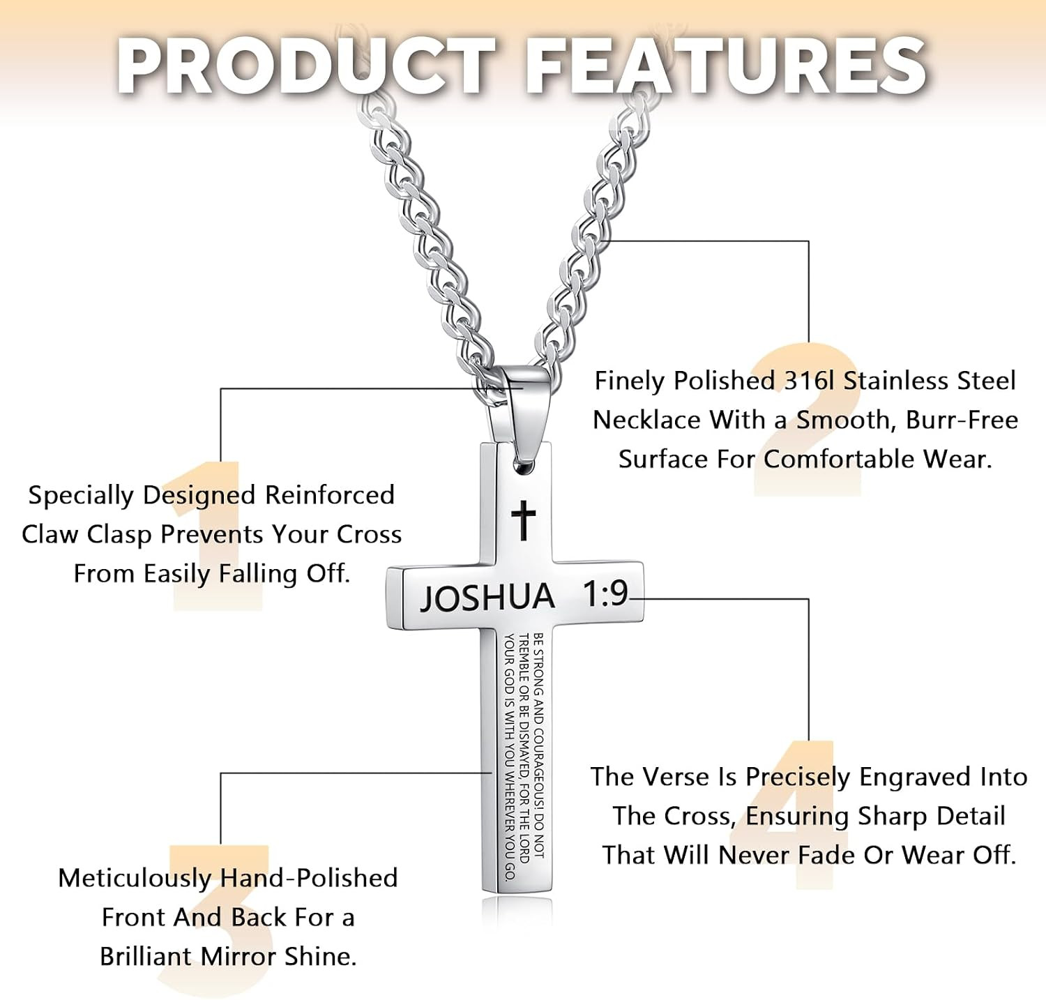 Inspirational Bible Verse Cross Necklace for Men Boys, Stainless Steel Plain Bla