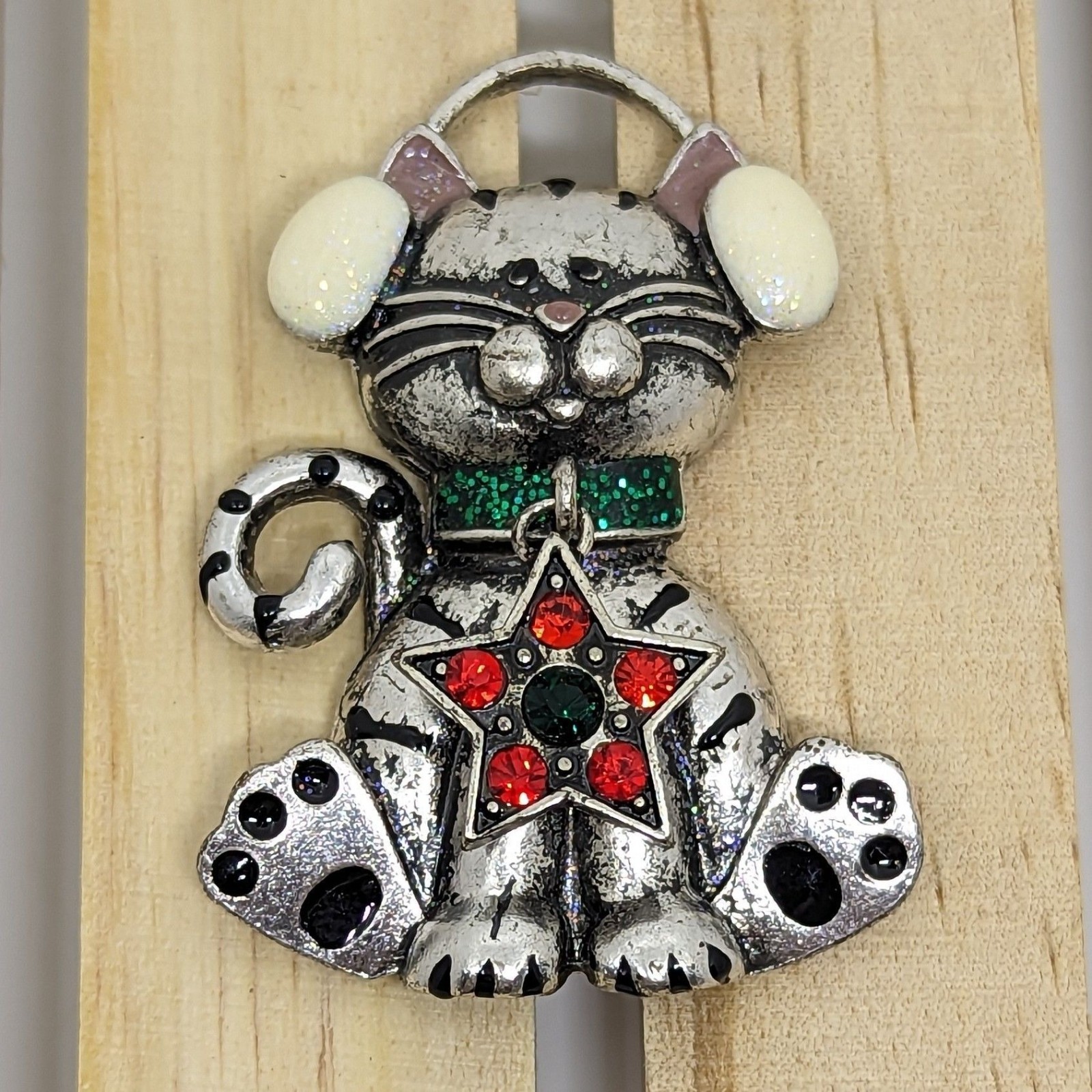 Vintage Cat Brooch With Star Pendant Silver-Tone Rhinestones Green Red Black Gli