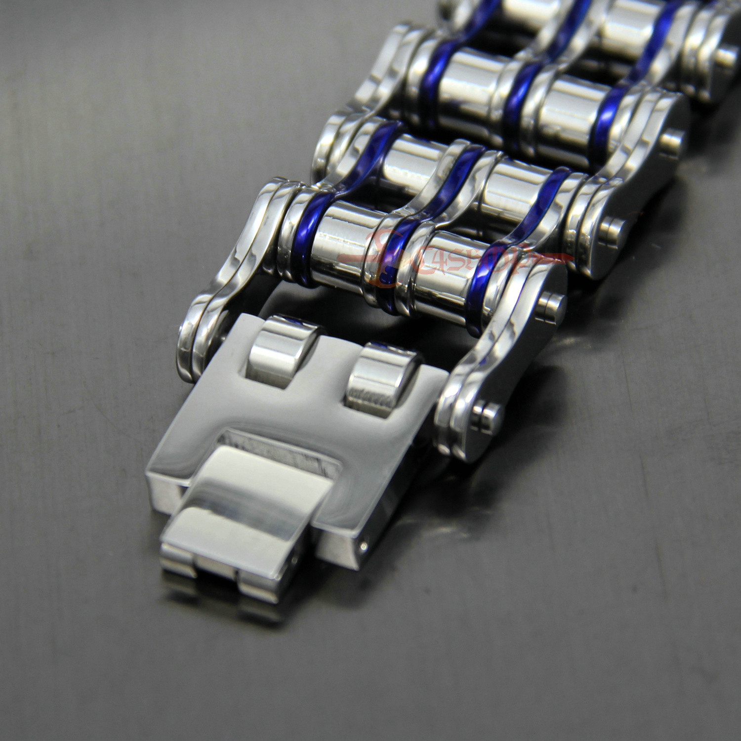 Men’s Heavy Stainless Steel Motorcycle Bike Chain Bracelet Silver/Blue 27mm Wide