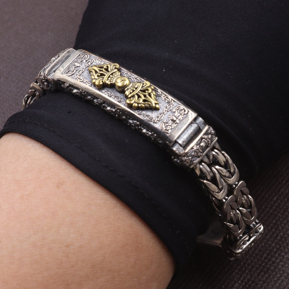 Pure 925 Sterling Silver Women Vajra Chain 14mm Byzantine Bracelet 60-61g 7.1in