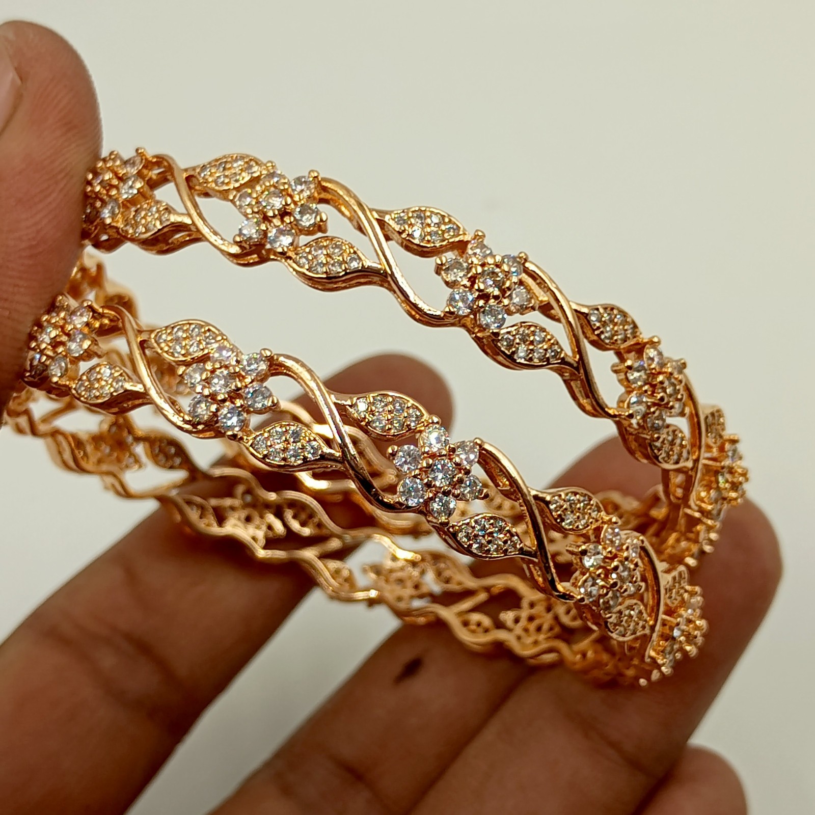 Cubic Zirconia 22k Rose Gold Plated Bangle, CZ American Diamond Bracelet 2 Pcs K