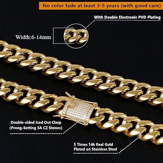 14k Gold Plated Stainless Steel Miami Cuban Link Bracelet Or Chain with CZ Clasp