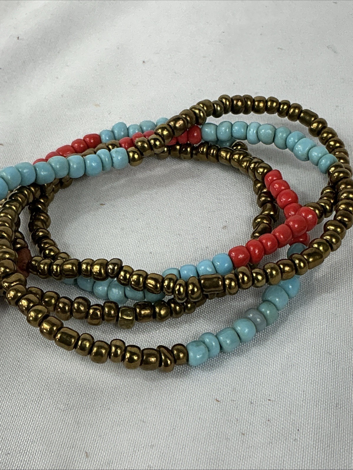 RTH Brass Blue & Red Glass Beaded Leather Knot Necklace 28” Length