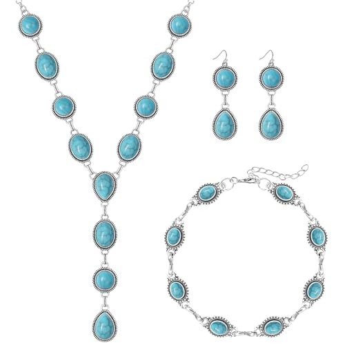 4 Pieces Silver Bohemian Jewelry Set for Women Fashion Costume Turquoise