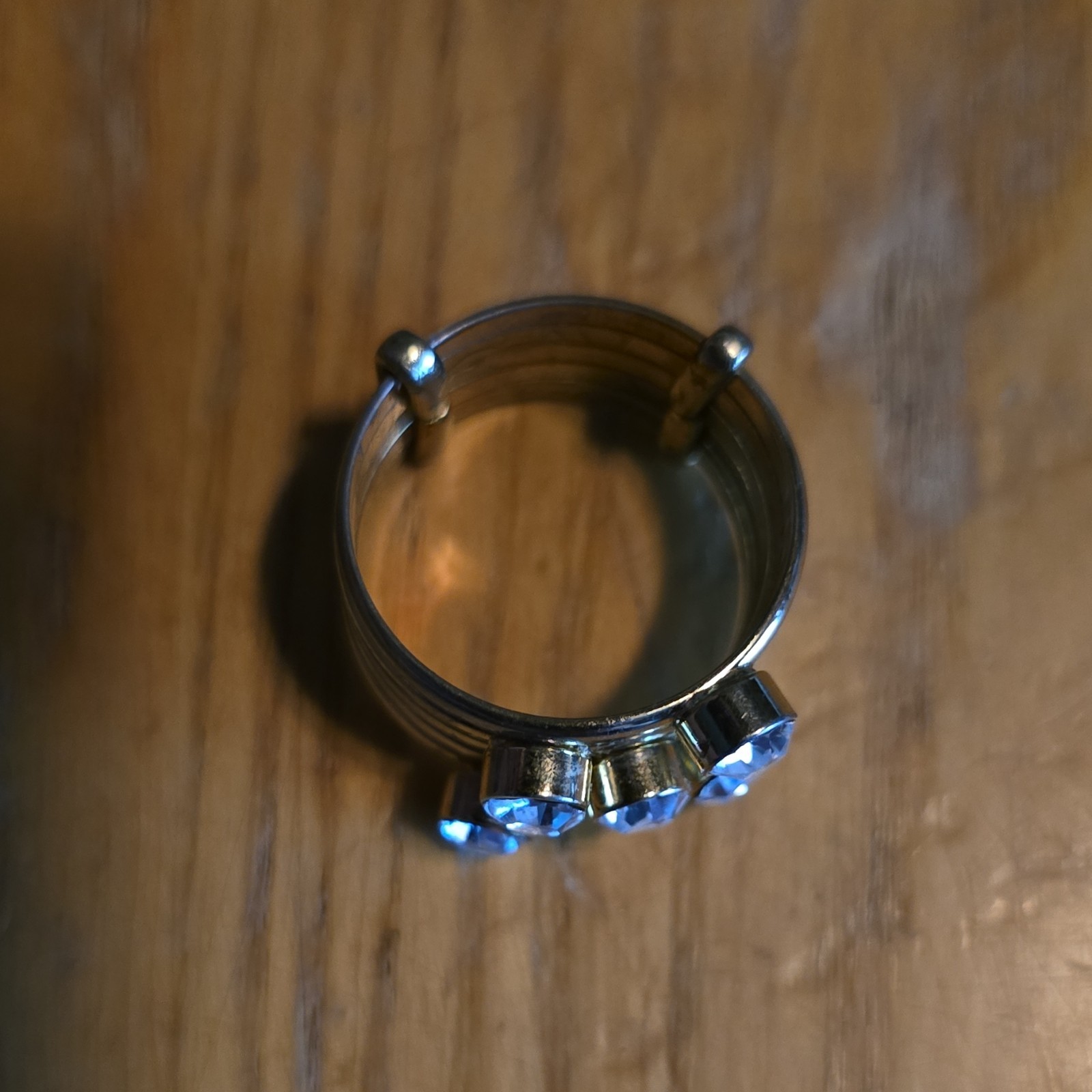 Silver Tone Adjustable Metal Band Cocktail Ring Size 10.5 Round Blue Crystals