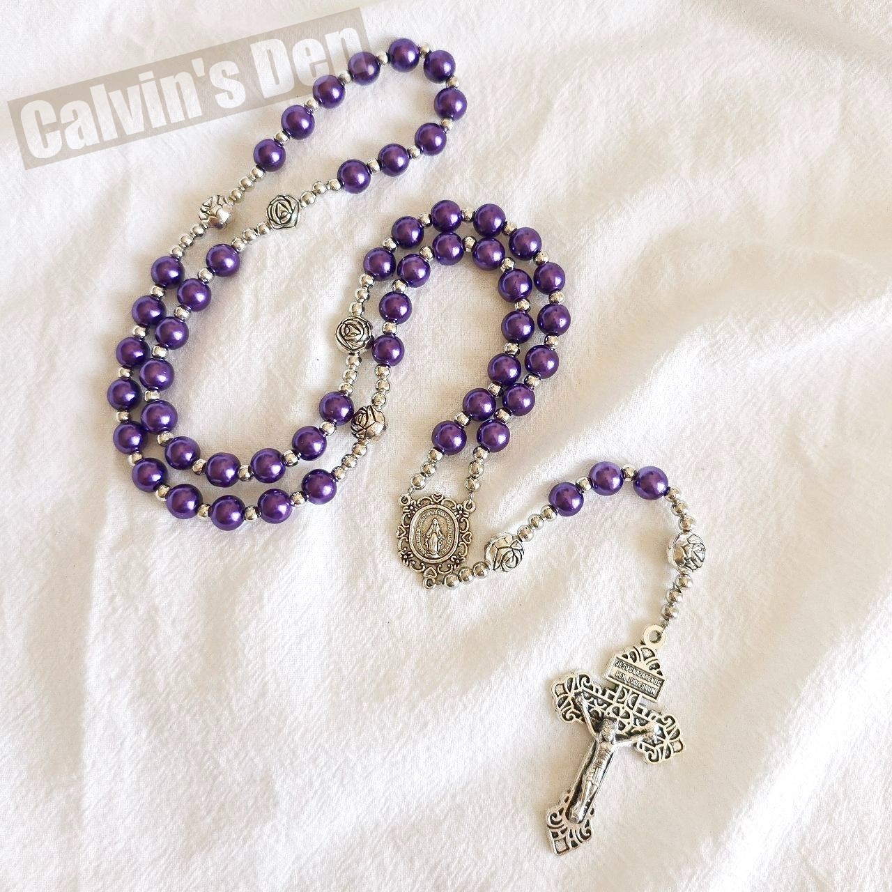 Purple Pearl Bead Rosary Necklace Miraculous Medal Rosebud Crucifix Cross Gift