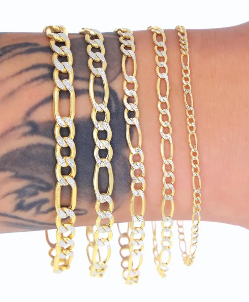 10K Yellow Gold Hollow Figaro Bracelet Diamond Cut 2mm-6.5mm Unisex 7″ 8″ 9″