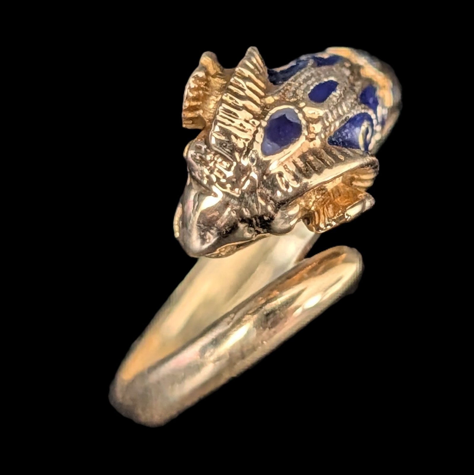 1970s Vintage 14k Gold Enamel Ram Head Bypass Ring Wrap Cocktail Gift Estate