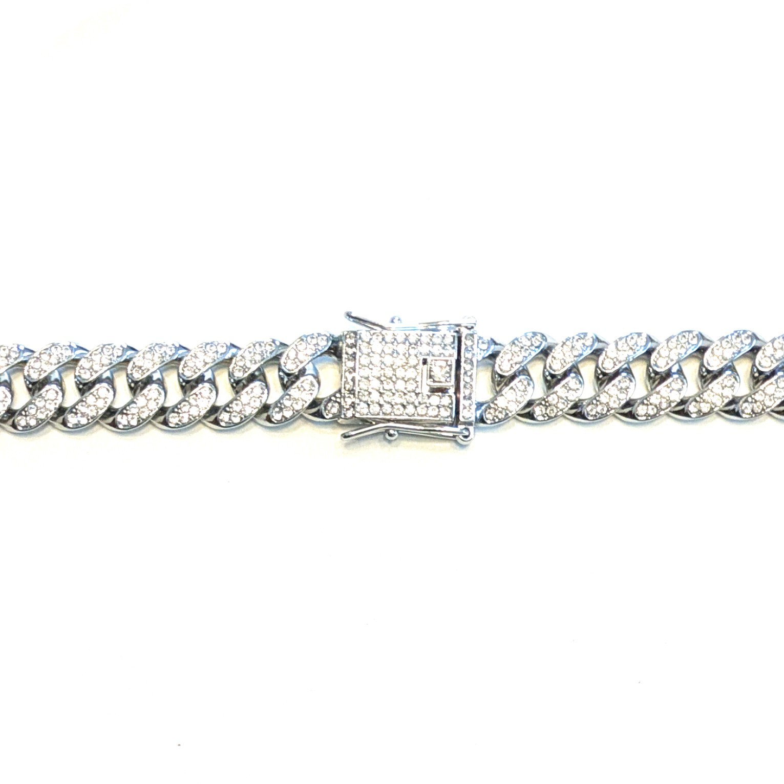 Silver Iced-Out Straight Cuban Link Chain Gem Necklace (Choose Your Length)