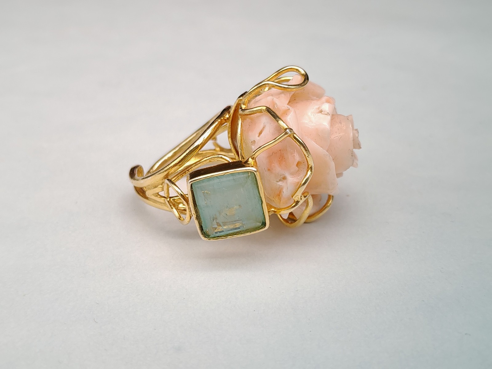 Women’s Ring Real Coral Pink Band 925 Silver Plac Yellow Gold Handmade
