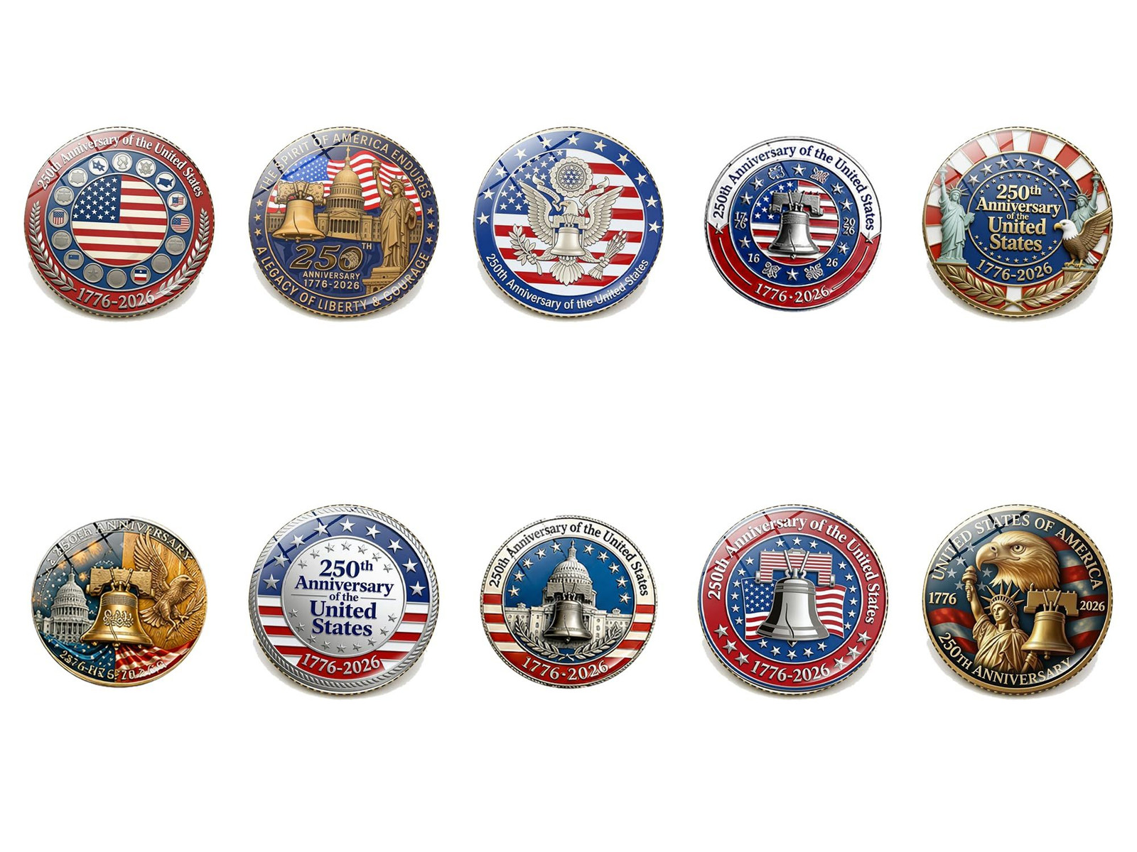 250 Years of Freedom American Enamel Lapel Pins Bulk, 10 Large, Multicolor