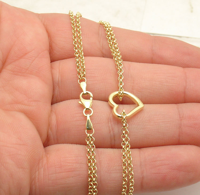 Open Heart Anklet Ankle Bracelet with Double Rolo Chain Real 10K Yellow Gold