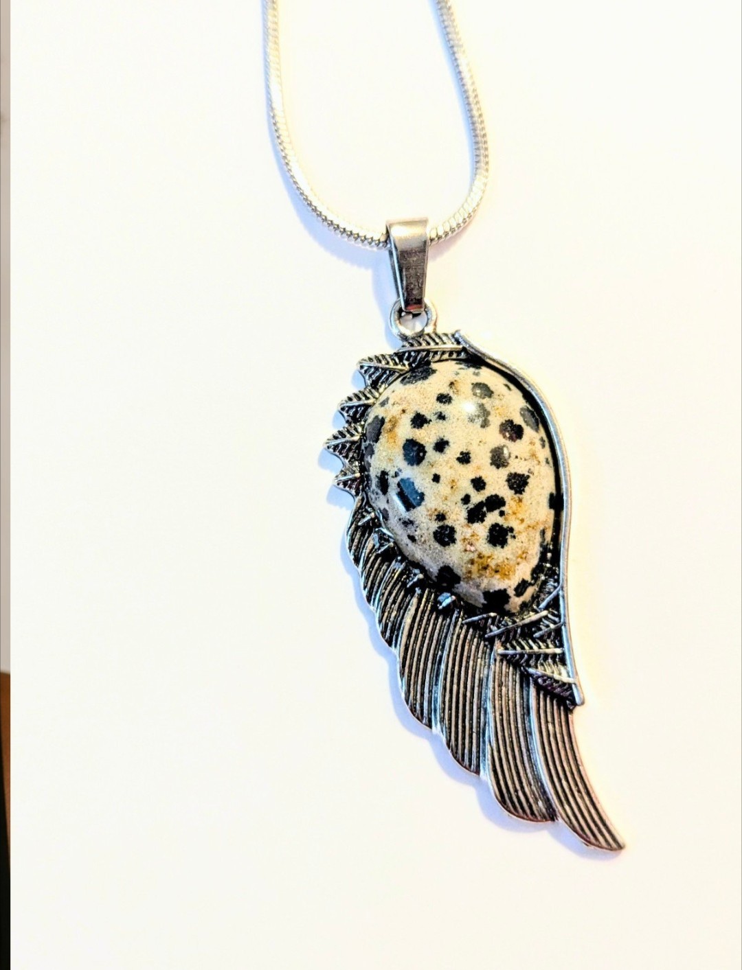 Stainless Steel Angel Dalmatian Jasper Wing Necklace Adjustable Snake Chain