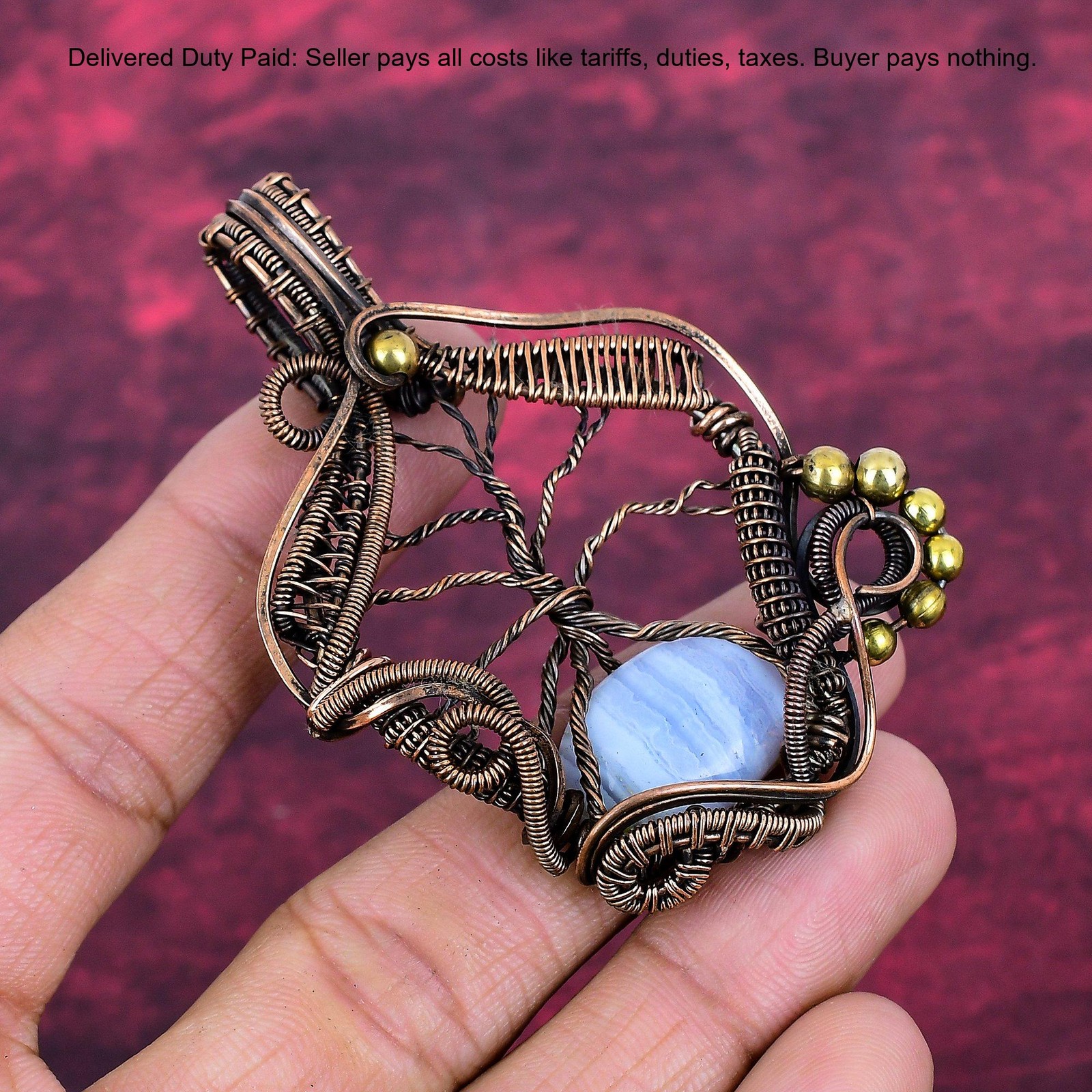 Oval Blue Lace Agate Stone Copper Wire Wrapped And Tree Of Life Pendant Jewelry